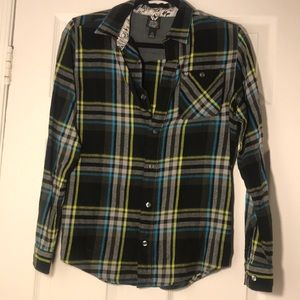 Blue/Green/Black/White Plaid Button-Up